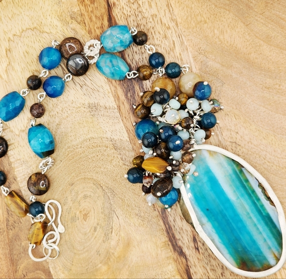 AGATE, AMAZONITE & TIGERS EYE GENUINE GEMSTONE NECKLACE HANDMADE STERLING SILVER - Picture 9 of 14